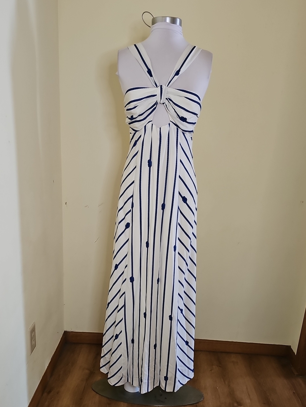ANTONIO MELANI White and Navy Striped Twist-Front Maxi Dress